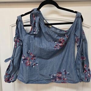 Floral Embroidered Off-Shoulder Denim Blouse